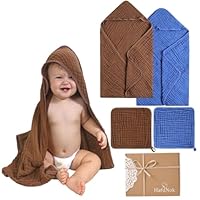 4-Piece Muslin Baby Towel Set - 100% Organic Cotton, (2) 6-Layer 32x32 Towels & (2) Washcloths, Bath, Beach & Pool Gift Set (Coffee & Blue)