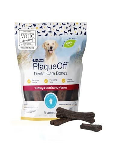 ProDen PlaqueOff Kauknochen für Hunde Zahnpflege, Pack mit 13 Knochen, Dental Sticks für mittelgroße und große Hunde, Dental Knochen für Plaque und frischen Atem, Truthahn & Cranberry