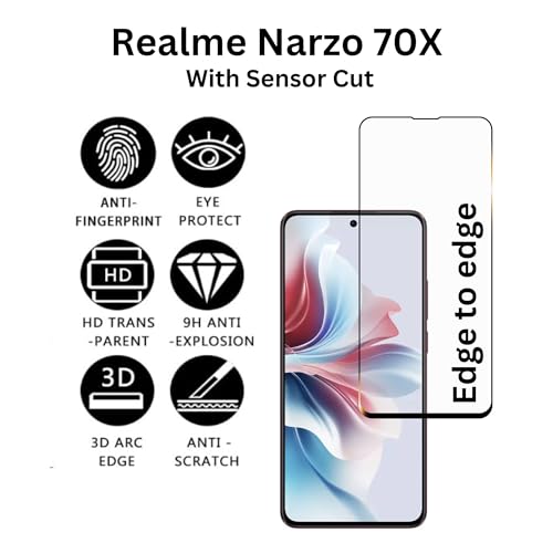 Image of HiS compatible with Realme Narzo 70X 5G Smartphone Tempered Glass [With Warranty] Screen Protector Guard Full Edge To Edge 9H Full Glue Fhd With Easy Installation Kit (Real Me Narzo 70 X)