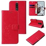LBH Handy Hülle für Huawei Mate 10 Lite Hülle Handytasche Schmetterling Blumen Flower Standfunktion Schutzhülle Magnet R&um Schutz 360 Grad Flipcase Cover Rot