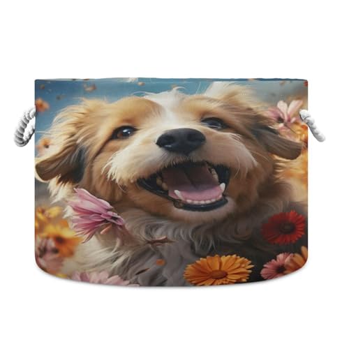 Round Cute Puppy Dog Butterfly Flower Storage Basket Large Organizer Bin Laundry Hamper Toy Storage Basket with Handle for Nursery Clothes Toys 202b4960