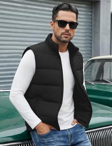 Image of WHN Men's Casual Puffer Vest Lightweight Full Zip Up Work Sleeveless Jacket Stand Collar Outerwear with 3 Pockets