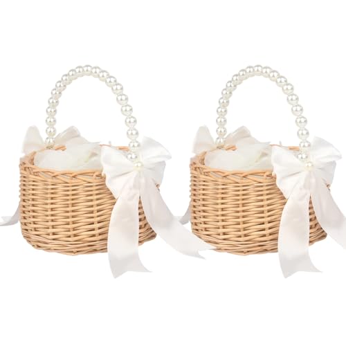 2Pcs Wicker Flower Girl Basket with 200Pcs Petals Wedding Petal Basket with Pearl Handle & Bow
