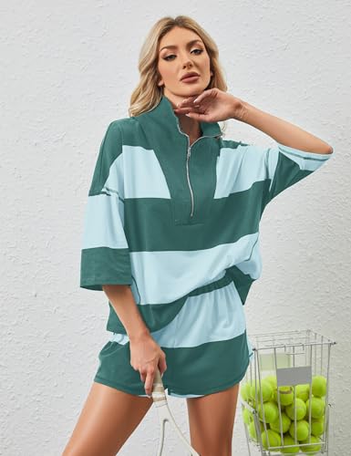 MISSACTIVER Womens 2 Piece Lounge Set Stripe Half Sleeve Oversized Shirts Shorts Summer Two Piece Workout Sets4