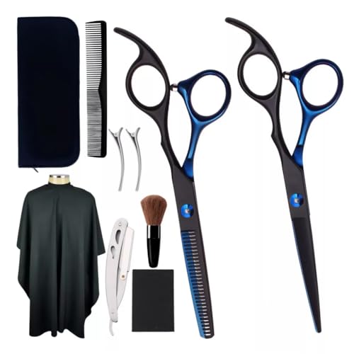 Kit Estojo com 9 Peças Aço Inox Tesouras, Navalha Estojo e Acessórios Profissional Barbeiro Fio Laser