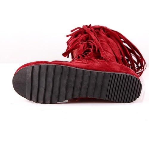 Bottes au genou tendance à franges pour femme - Chaussures d'hiver plates confortables