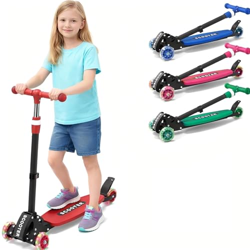 Patinete de 3 ruedas para niños de 5 a 7 a 8 a 12 años, fácil de inclinar para dirigir, ruedas iluminadas, manillar ajustable (27 a 33 pulgadas), cubierta antideslizante ancha, patinete plegable para