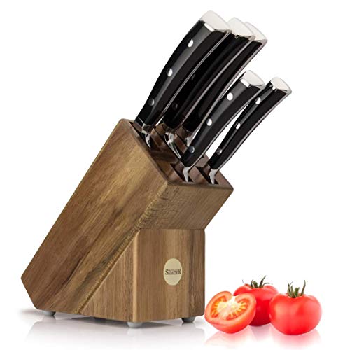 5 Piece Professional Sabatier Knife Block Set - Solid Wood Block Full Tang Quality High Carbon Steel Taper Ground Blades Triple Rivet Comfort Handles. Sharper for Longer. by Taylors Eye Witness
