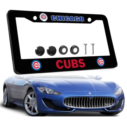 1PCS Black License Plate Frames for Cubs, Car License Plate Bracket Holder, Premium Aluminum Alloy Weather Proof License Plate Covers with Screw Caps Cover Set Car Accessories