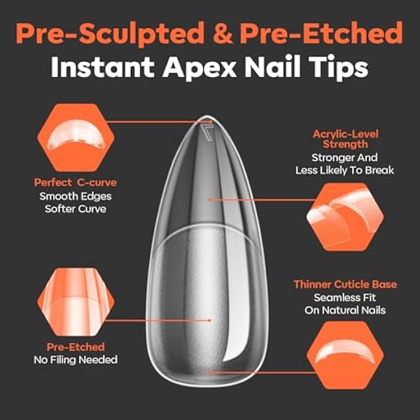 Modelones Medium Almond Nail Tips 15 Sizes 120 Pieces Almond Full Cover Nail Tips Set Gel Tips Set Pre-Buff PMMA Resin Nail Tips Artificial Nails for