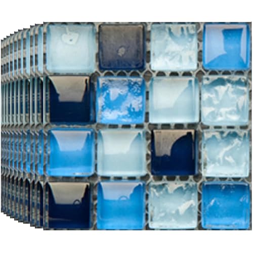 BoloShine Mosaic Tile Stickers 30pcs, Waterproof Self-Adhesive PVC Vinyl Tiles Peel and Stick on Wall Tiles Transfers Decor for Kitchen Bathroom Fireplace Surround Walls Living Room(10x10cm) (Blue)