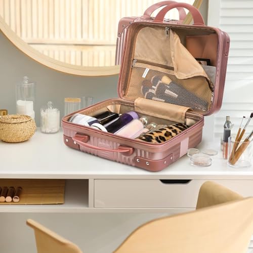 Image of ABS Hard Shell Cosmetic Travel Hand Luggage Portable Carrying Makeup Case Suitcase Organizer Box Vanity Mini Suitcase Small Accessory Bag, 30 cm, No Wheels (Rose Gold)