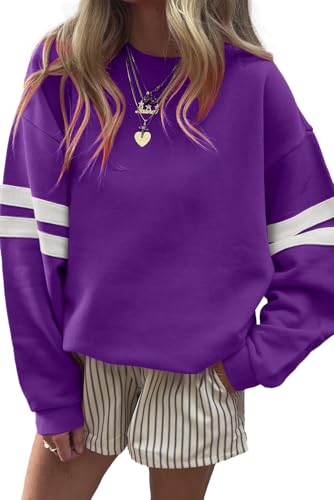 KevaMolly Women Varsity Striped Drop Shoulder Sweatshirt Purple L