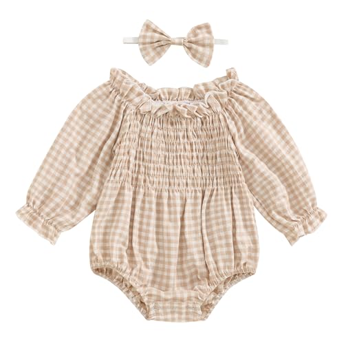 Baby Girls Ribbed Romper Outfits Ruffle Sleeve Bodysuit with Plaid Romper Dress One Piece Bubble Playsuit+Headband (Plaid Khaki, 0-3 Months)