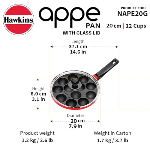 HAWKINS Nonstick Appe Pan with Glass Lid, 12 Cups, Diameter 22 cm, Black (NAPE22G), Standard