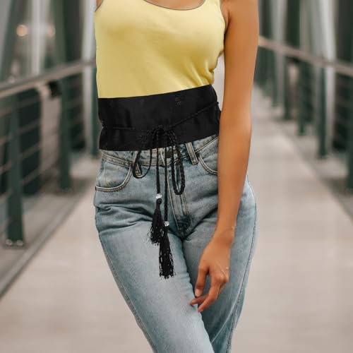 LOGOFUN Japanese Kimono Waistband Adjustable Vintage Embroidered Wide Belt with Braided Tassel for Women Cosplay Party Supplies - Black4