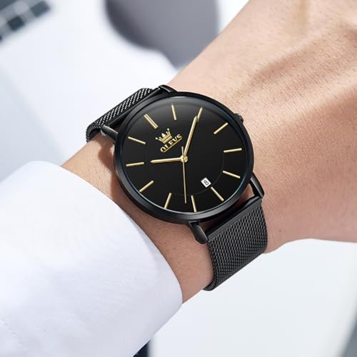 Image of OLEVS Men Leather Watches Black Ultra Thin 6.5mm Minimalist Dress Fashion Simple Casual Waterproof Date Watch for Men