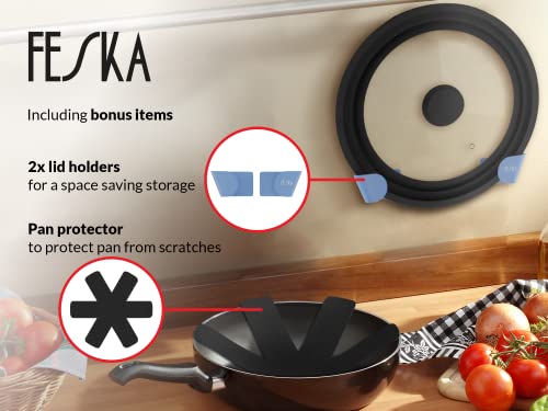 Feska Universal Pot Lid (Ø 9.5 | 10 | 11″) Incl. 2X Lid Holder & Felt Protector - Pot Cover, Pan Lid, Frying Pan Lid, Cast Iron Lid & Crock Pot Lid #TOP5