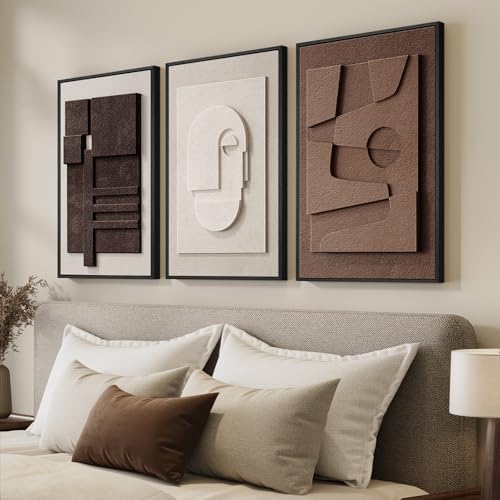 3D Textured Framed Neutral Abstract Wall Art for Bedroom, 3