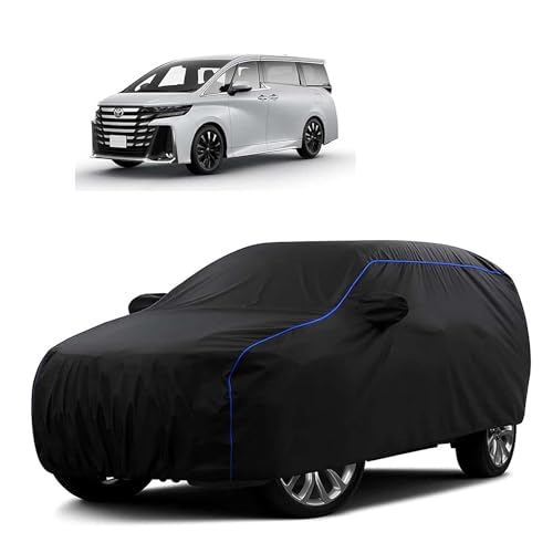 Image of Sulfar 100% Water Resistant Car Body Cover Compatible with Mirror for Toyota Vellfire (Triple Stitched, Full Bottom Elastic, Black Tafetta with Blue Piping)