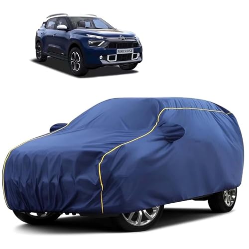 Image of Sulfar 100% Water Resistant Car Body Cover Compatible with Mirror for CITROEN AIRCROSS (Triple Stitched, Full Bottom Elastic, Blue Tafetta with Yellow Piping)