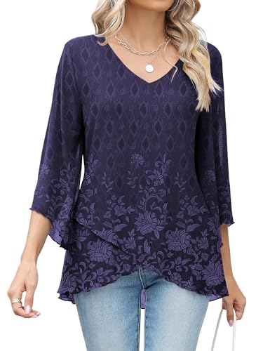 iWoo Bluse Damen Chiffon Tunika Sommer 3/4 Ärmel Langshirt Elegant Sommerbluse Tuniken Für Damen Schöne Oberteile Longtunika Doppellagige Blusentops Blumiges Lila M