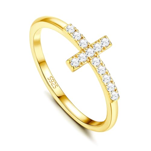 18K Gold Plated Cross Ring 925 Sterling Silver Rings Wedding Band for Women Cubic Zirconia Jewelry Promise Bands Gold Rings for Her Size 6 to 10