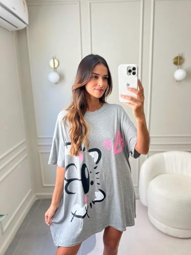 Camisola Feminina De Dormir Camisetão Verão Gatinho Cinza (Padrão, Cinza, M)