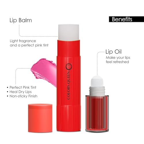 Image of Colors Queen Magic Color 2 in1 Lip Balm & Lip Oil - Strawberry, 4.5g | Nourishing & Moisturizing Lip oil for Dry and Chapped Lips | Tinted Lip Balm for Women Enriched with Shea Butter & Vitamin E