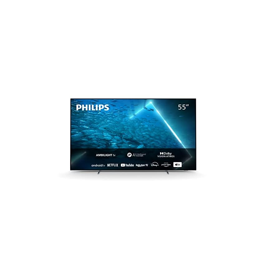philips 55oled707/12, 55 pouces 4k oled hdr, moteur p5, technologie ambilight innovante, son dolby atmos, smart tv, image et son cinématographiques