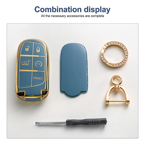 Bikte For Jeep Key Fob Cover With Leather Keychain, Premium Soft Tpu Protection Key Case For Grand Cherokee Renegade Chrysler Dodge Ram Journey Dart Fiat Durango Challenger Smart Key Holder （Blue ） #TOP5