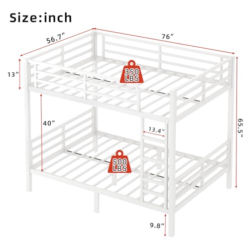 XUWANSHANG Full Over Full Bunk Bed Frame, Heavy Duty Metal Loft Bed for Adults/Teens, 350/500LB Capacity w/Ladder & Guardrail, Noise-Free Steel Slats, No Box Spring Required, White