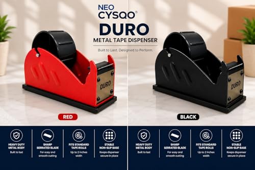Image of NEO CYSQO Duro Heavy Duty Metal Tape Dispenser | Desktop Packing Tape Holder for 0.5 to 2 Inch Tape Rolls | Non-Slip Base | Sharp Serrated Blade | Office, Warehouse & Packaging Use (Black /Red)