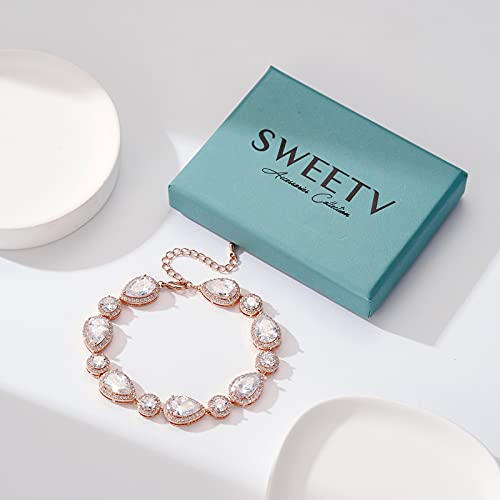 Sweetv Crystal Wedding Bracelets For Brides, Bridal Bracelets For Wedding Bridesmaids, Rose Gold Rhinestone Cubic Zirconia Tennis Bracelets For Women Jewelry Gift #TOP6