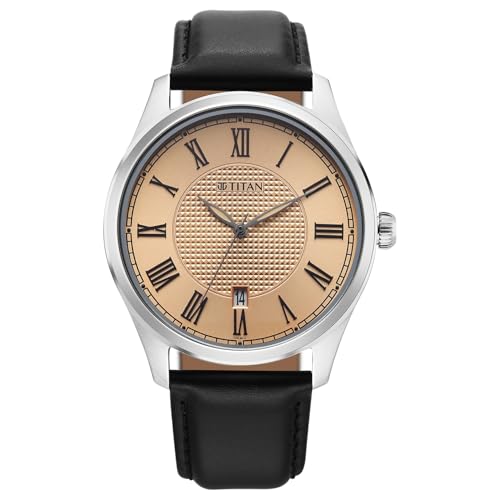 Image of Titan Neo Roman Analog with Rose Gold Dial Brown Leather Strap Watch for Men - 10063SL01