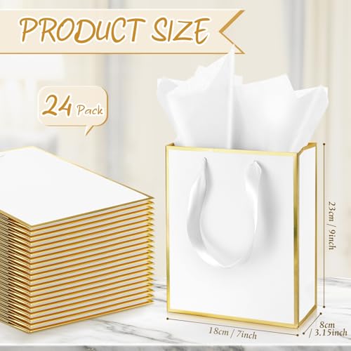 Image of Yeaqee 24 Pack Metallic Paper Gift Bag with Tissue, White Gold | with Satin Ribbon Handle and Tissue, 9x7x3.1 Inch, Suit Business, Birthday, Christmas, Thank You Return Gifts Bags
