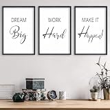 LuZhiQiang Inspirational Positive Wall Decor 16'×11' Dream Big Work Hard Make it Happen Sign Set Of 3 Large Wood Framed Motivational Quotes for Office Living Room Home Art Women Hanging (Black)
