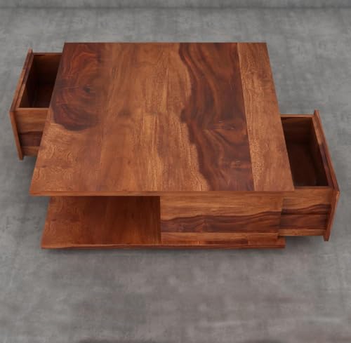 Image of Sheesham Wood Coffee Table with 2 Drawer Storage | Wooden Hallway Table for Living Room | Centre Table for Bedroom | Teapoy Tea Table (Honey Finish)