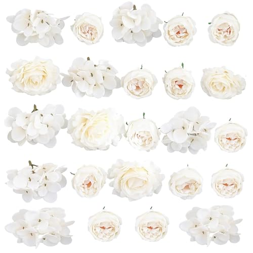 White Artificial Flower Heads - 24Pcs Fake Flower with Stems