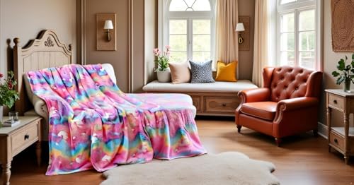 Image of Glow-in-The-Dark Kids Blanket a€ inch Polar Fleece Soft Lightweight Single Bed Blanket with Unicorn Jacquard Print, Multicolor (Rainbow)