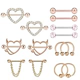 KSJEHW 14 Piezas Piercing Capezzoli per Donna Body Piercing Nipple Stainless Steel Nipple Barbell Set Carino Cuore Farfalle Lingua Ipoallergenico Gioielli Piercings (Oro rosa)
