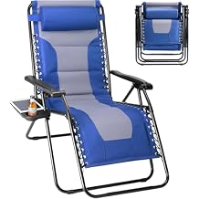 Simple Deluxe Relaxing Recliners Patio Chairs Adjustable Steel Mesh Zero Gravity Lounge Chair Beach Chairs with Pillow and Cup Holder, Blue Grey
