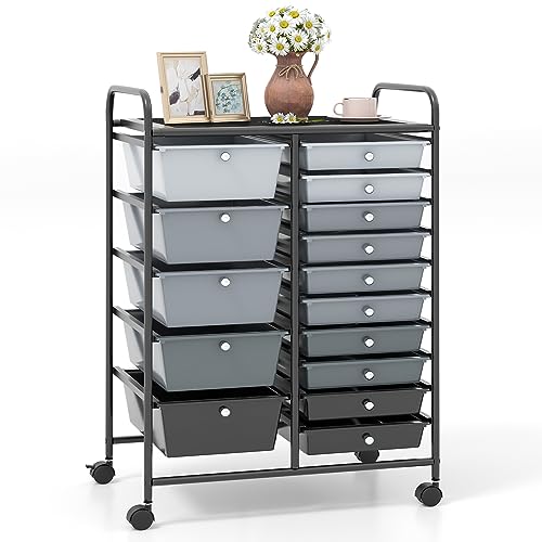COSTWAY Chariot de Rangement 15 Tiroirs en PP, Tour de Rangement à Roulette, Cadre en Métal, Desserte Meuble Tiroir pour École, Bureau, 63x37x87cm