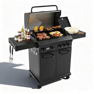 4+1 Burner Propane Gas Grill,47,000 BTU Outdoor BBQ with Enameled Cast Iron Grates and Side Tables, Portable for Backyard, Patio,Camping,3-in-1 BBQ Grill and Griddle Combo,555 Sq.in Cook Area
