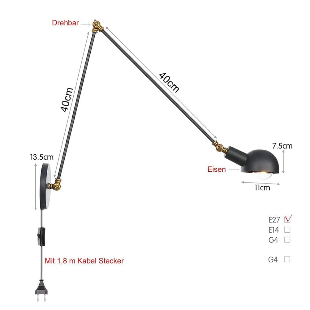 Schwarz Industrie Wandleuchte mit stecker und kabel, Schlafzimmer Wandlampe Verstellbar metall Lange Arm Nachttischlampe Schwarz lampenschirm Wand-leselicht mit schalter E27 Retro innen Beleuchtung