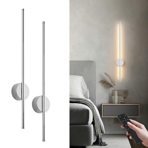 Image of Battery Operated Modern Wall Sconces, Dimmable Wireless Wall Light Set of Two with Remote Control, 3 Color Temperatures, Rechargeable LED Wall Sconce for Bedroom, Living Room,Hallway, 27.6 Inch Chrome