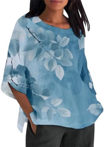 domirica Womens Tops 3/4 Sleeve Japanese Art Print Cotton Linen Crewneck Summer Lounge Loose Fit Casual Shirts