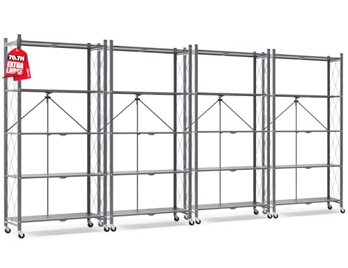 Image of ALANNG 70.7 inch H Metal Storage Shelves, 5 Tier Folding Shelf on Wheels | Heavy Duty, No Assembly, Rolling, Collapsible Rack Unit for Kitchen, Basement, Pantry (Gray,4 Pack)