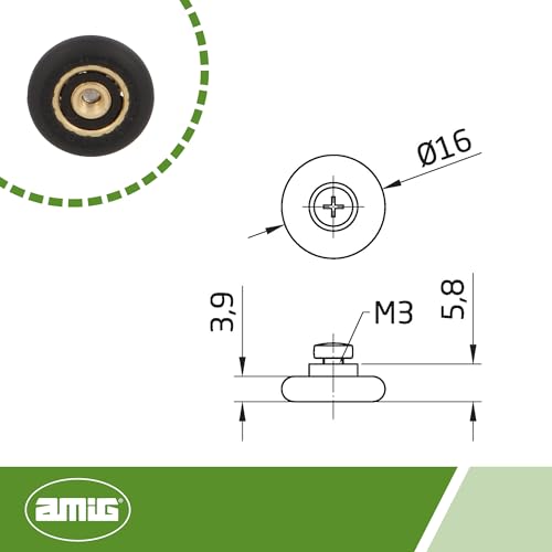Amig - Duschabtrollager | Satz mit 2 Stück | Ø 16 mm | Mit Frontlager und M3x6 Schraube | Für Schiebetüren von Badezimmern | Schwarzes Polyamid.