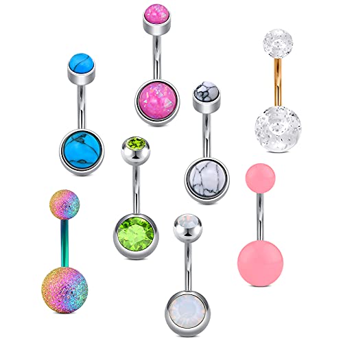 MODRSA 14 Gauge 10MM Piercing Ombligo Acero Quirurgico CZ Ópalo Bolas de Purpurina para Mujer Piercing Vientre Banana Barbell Joyas 8Piezas Cover